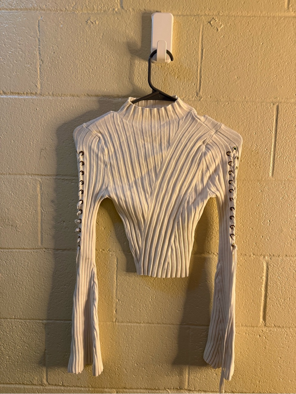 Fashion Nova Cream Ribbed Lace-Up Sleeve Mock Neck Crop Top